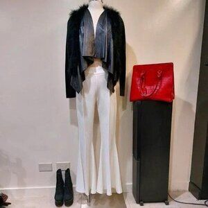 💥HOT ITEM💥OSTRICH FUR & LAMBSKIN LEATHER ASYMMETRICAL DRAPED CARDIGAN in BLACK